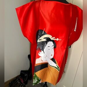 Ichi Ban Red Kimono Top with Geisha Design Made in Japan Vintage